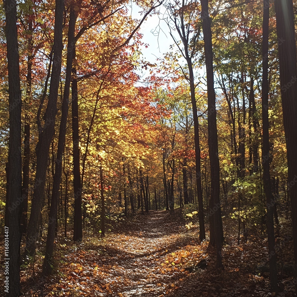 Naklejka premium autumn forest where sunlight streams through the colorful leaves, casting a warm,