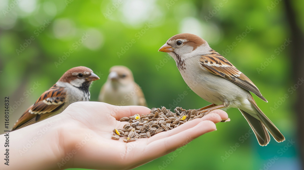 Tiny Friends: A gentle hand offers a handful of seeds to a group of sparrows, creating a heartwarming scene of connection between nature and humanity. Tiny Friends: A gentle hand offers a handful of seeds to a group of sparrows, creating a heartwarming scene of connection between nature and humanity.