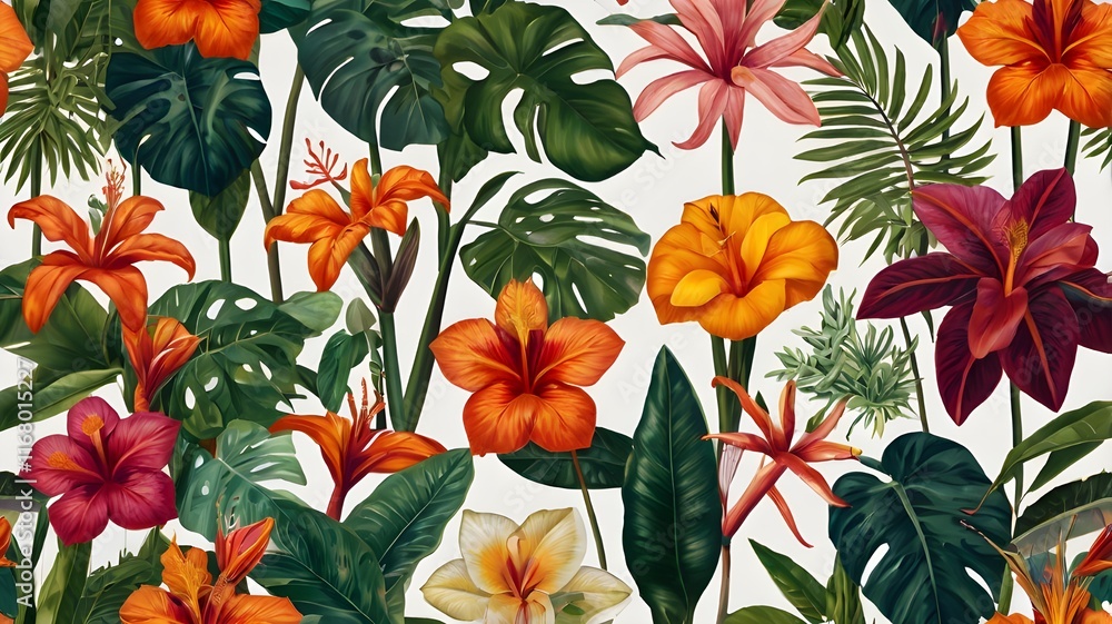 Obraz premium A vibrant botanical illustration showcasing a variety of tropical plants and exotic flowers, rendered in a modern, flat design with bold, contrasting colors,Generative Ai 
