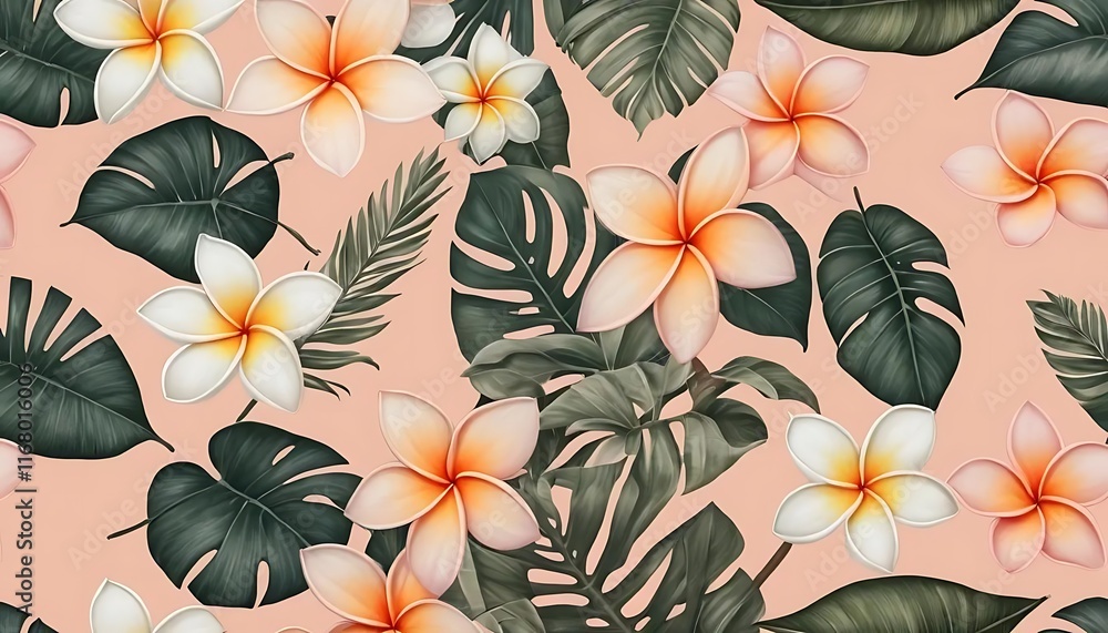 Tropical Plumeria Flowers and Lush Monstera Leaves Design Tropical Plumeria Flowers and Lush Monstera Leaves Design