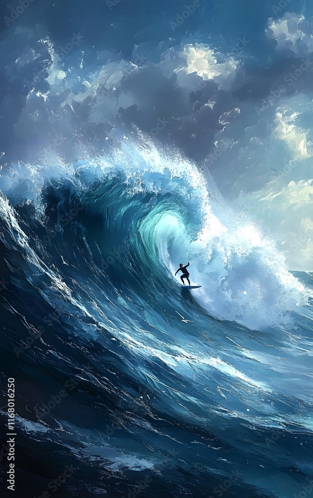 Obraz premium A surfer riding the crest of a massive wave, harnessing the energy and thrill of the ocean s power, surfer on wave, ocean adventure