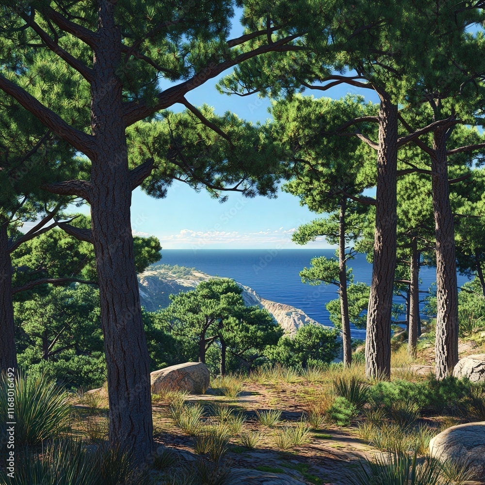 pine forest with a view of the sea, the branches swaying gently in the breeze pine forest with a view of the sea, the branches swaying gently in the breeze