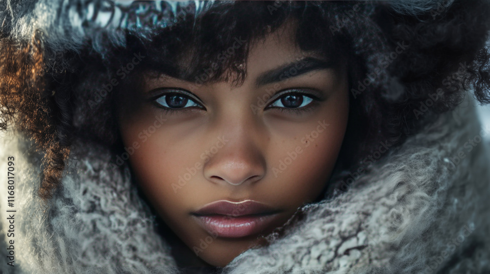 black woman ethnic wearing winter clothes cold snow scarf hat seasonal black woman ethnic wearing winter clothes cold snow scarf hat seasonal