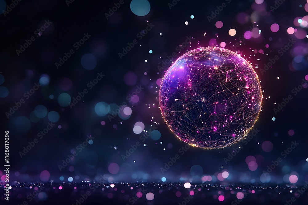 Floating wireframe spheres with neon edges surrounded by light particles in digital space Floating wireframe spheres with neon edges surrounded by light particles in digital space
