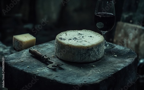 A Rustic Still Life: Aged Cheese, Red Wine, and Vintage Cheese Knife on Weathered Stone photo