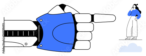 Robotic hand pointing to a confused woman looking at distance, person standing, puzzled. Ideal for tech, future, AI, automation, human-machine interaction guidance innovation. Abstract line flat