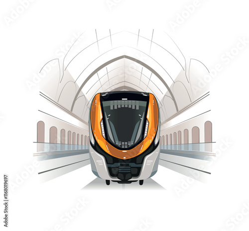 Metro train vector illustration sketch. Fast modern express passenger train on high speed railway station
