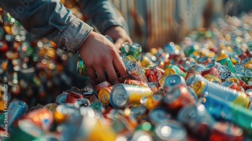 A close-up of a person crushing aluminum cans before recycling them photo