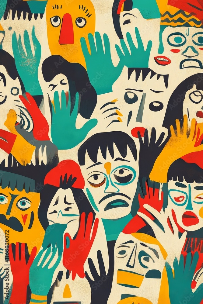 Abstract faces, hands, colorful, expressive, overlapping. Abstract faces, hands, colorful, expressive, overlapping.