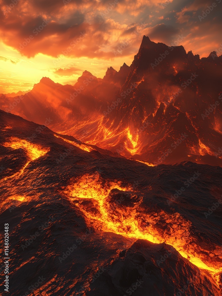 Fototapeta premium Dolomite peaks bathed in the fiery hues of a setting sun.