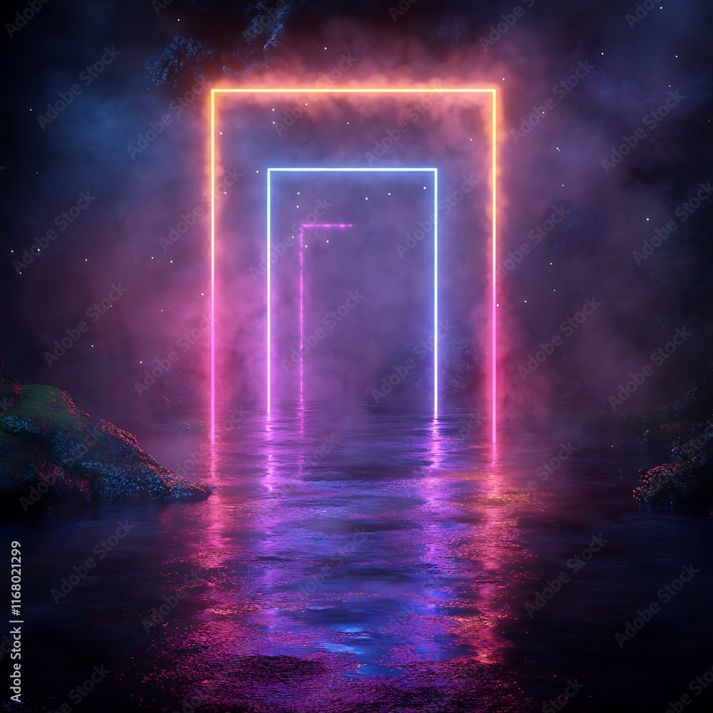 Transparent geometric wireframe structures surrounded by neon light in a 3D environment Transparent geometric wireframe structures surrounded by neon light in a 3D environment