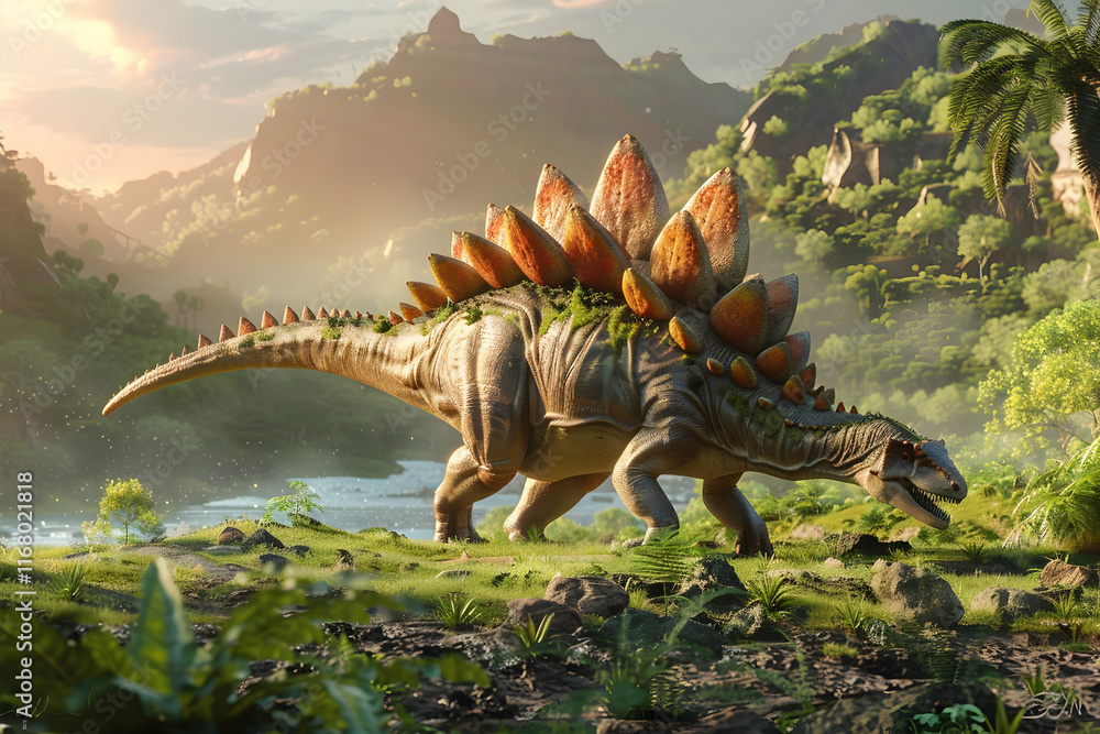 Obraz premium 3D render illustration showcasing a majestic Stegosaurus in a lush valley setting