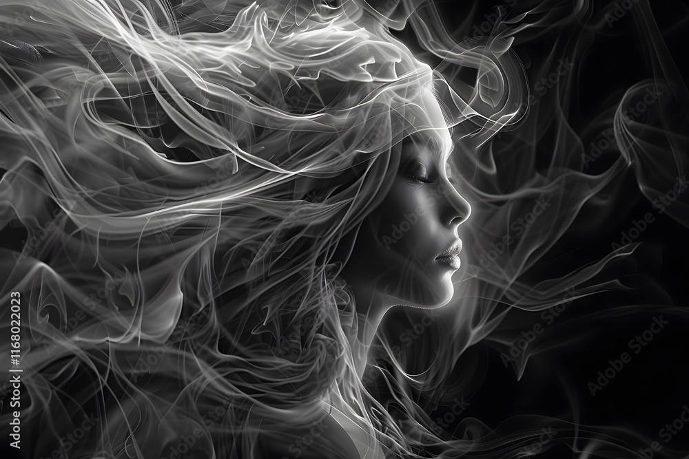 Fototapeta premium Background wallpaper Silhouette of a woman with flowing hair, surrounded by wispy smoke-like elements in a black and white aesthetic, conveying a sense of tranquility and mystery