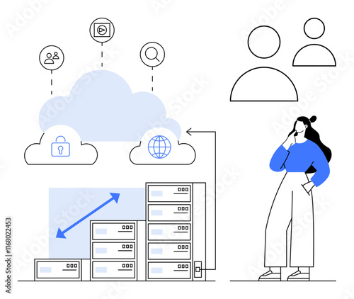 Woman contemplating cloud storage with icons of people, media, search, security, and global connectivity above servers. Ideal for IT services, cloud technology, data management, digital security