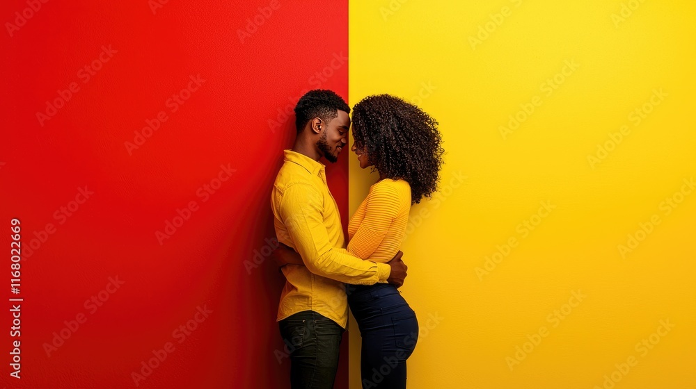 Passionate Embrace Between Couple Against Colorful Wall Background Passionate Embrace Between Couple Against Colorful Wall Background