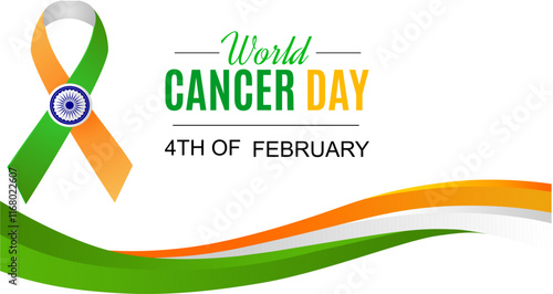 World Cancer Day Poster or Background Illustration 4th February. Indian flag ribbon on white background