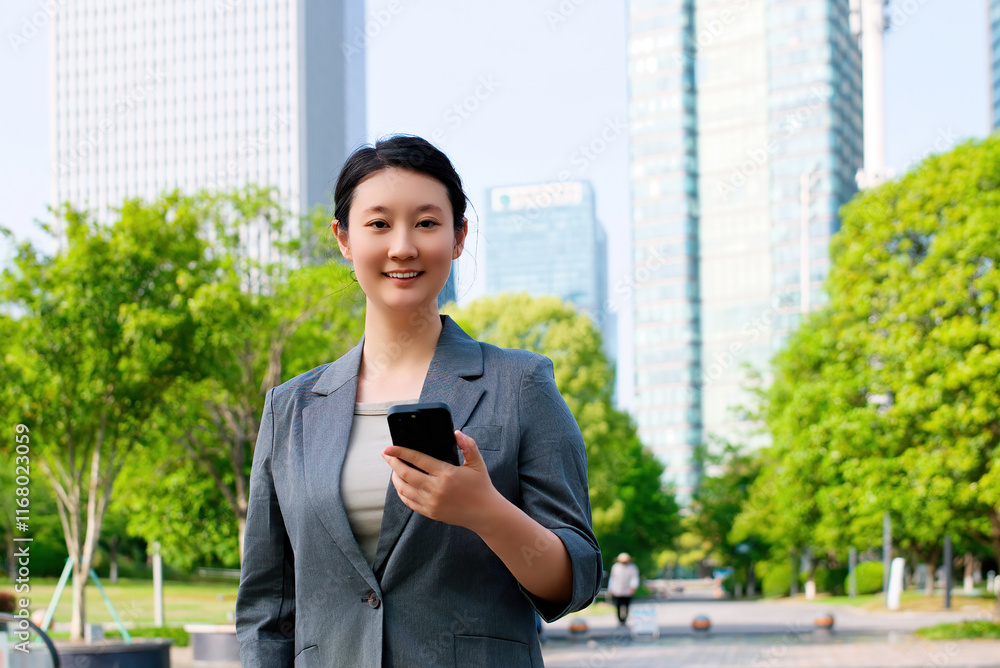 Confident Businesswoman Using Smartphone in Modern City Park Confident Businesswoman Using Smartphone in Modern City Park