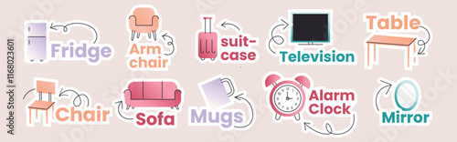 Vocabulary item set house hold item, Can be used as a sticker and attached as needed