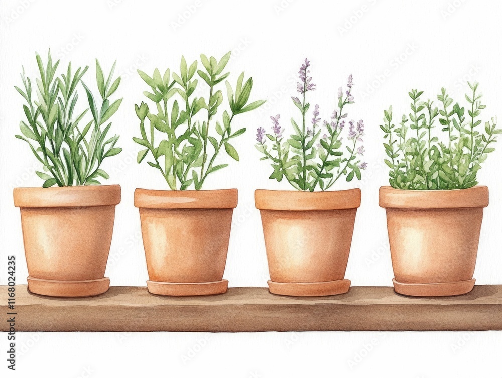 Obraz premium Watercolor painting of terracotta plant pots arranged on a wooden shelf showcasing a collection of lush greenery and blooms in soft earthy color tones The natural rustic composition creates a cozy