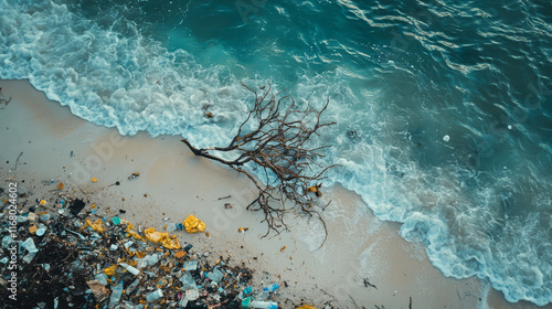 somber scene of pollution on once pristine beach, showcasing debris and dead tree washed ashore. contrast between clear water and litter highlights environmental issues photo