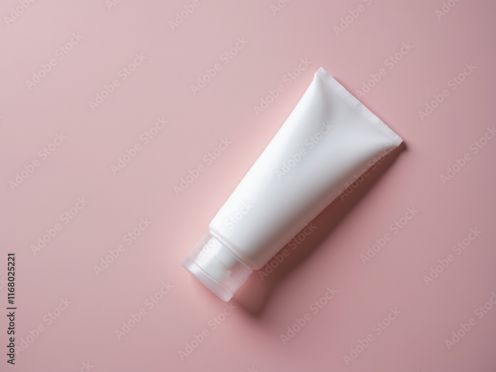 Minimalist mockup of a white cosmetic tube placed on a soft pink background, ideal for branding and packaging presentations. Minimalist mockup of a white cosmetic tube placed on a soft pink background, ideal for branding and packaging presentations.