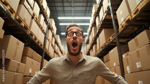 Surprised man in warehouse with open mouth and glasses, surrounded by cardboard boxes, expressing shock and excitement. lively atmosphere in storage space