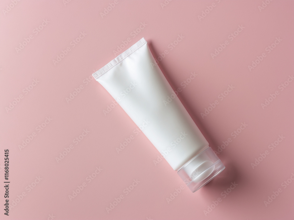 Minimalist mockup of a white cosmetic tube placed on a soft pink background, ideal for branding and packaging presentations. Minimalist mockup of a white cosmetic tube placed on a soft pink background, ideal for branding and packaging presentations.