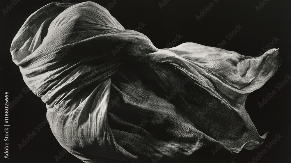 striking black and white photograph of flowing fabric, showcasing movement and texture in dramatic composition. interplay of light and shadow enhances visual impact striking black and white photograph of flowing fabric, showcasing movement and texture in dramatic composition. interplay of light and shadow enhances visual impact
