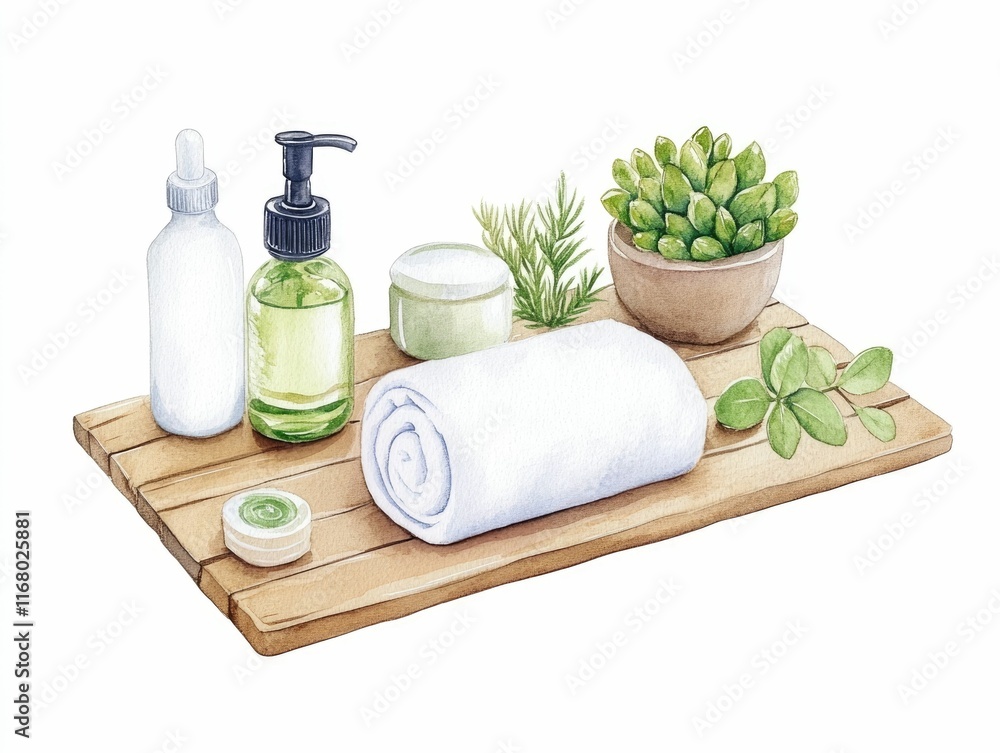 Watercolor painting of a bamboo mat with rolled towels massage oils and various botanical elements in earthy and calming color tones creating a serene and relaxing spa like atmosphere Watercolor painting of a bamboo mat with rolled towels massage oils and various botanical elements in earthy and calming color tones creating a serene and relaxing spa like atmosphere