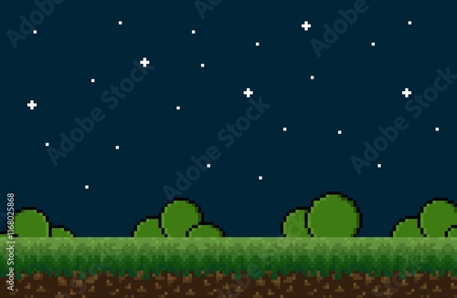 Pixel art game design, tiles set background, with night scene, stars, grass and ground . Assets for Game, background, wallpaper, template card. Game theme photo