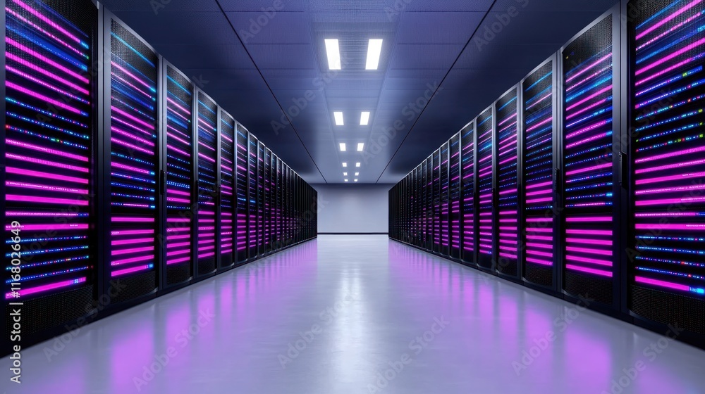 Data center corridor with illuminated server racks. Data center corridor with illuminated server racks.