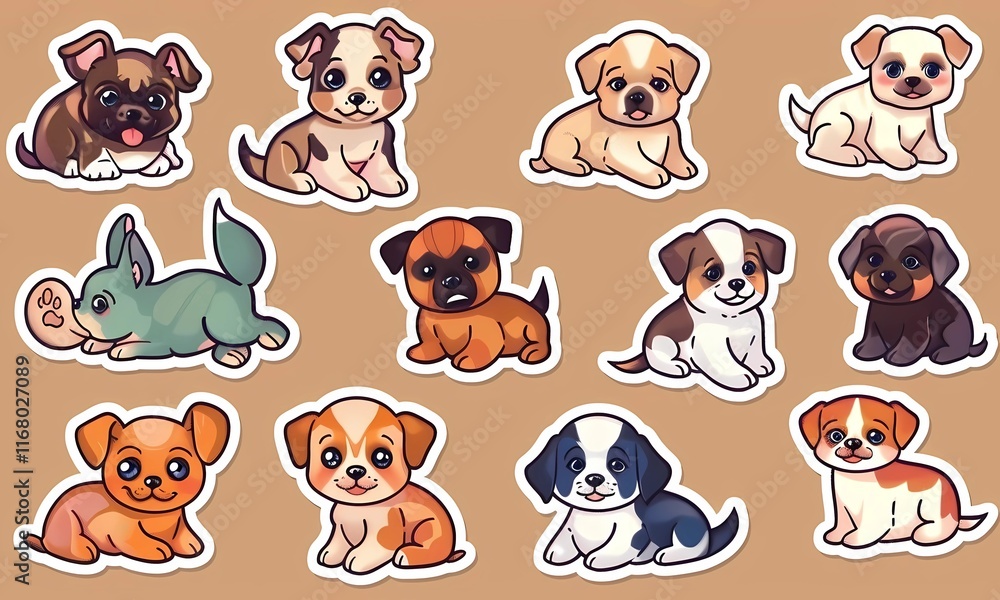 Obraz premium Adorable Puppy Stickers: A collection of twelve charming cartoon puppies in various breeds and poses, perfect for scrapbooking, stickers, and more.