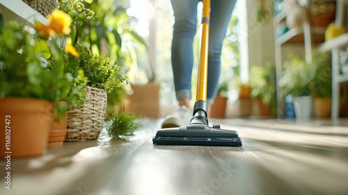 Wallpaper Mural Bright and cheerful home cleaning scene as a person vacuums a wooden floor surrounded by lush indoor plants, showcasing a serene and tidy living space filled with natural light and greenery. Torontodigital.ca