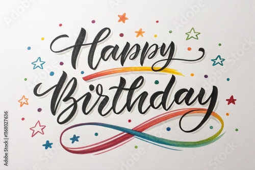 Vibrant Handwritten Birthday Greeting Featuring Modern Calligraphy, Elegant Happy Birthday Calligraphy Design with Colorful Confetti and Star Decorations on a White Background. photo