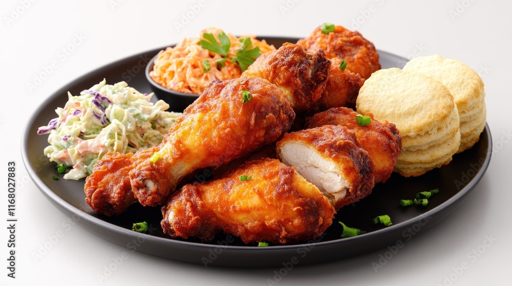 A delicious plate featuring fried chicken, biscuits, and coleslaw. A delicious plate featuring fried chicken, biscuits, and coleslaw.