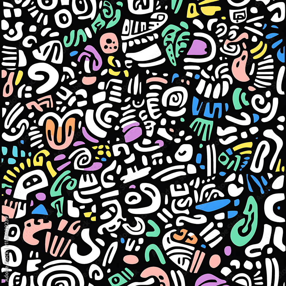 Abstract Colorful Doodle Pattern Design: Vibrant Hand-Drawn Geometric Shapes and Quirky Lines on Black Background Abstract Colorful Doodle Pattern Design: Vibrant Hand-Drawn Geometric Shapes and Quirky Lines on Black Background