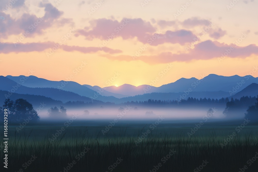 Fototapeta premium Serene Sunrise Over Misty Mountain Range