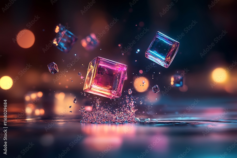Transparent floating cubes surrounded by glowing light trails Transparent floating cubes surrounded by glowing light trails