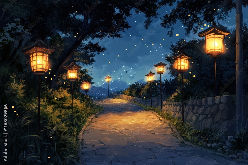 Illuminated Pathway With Lanterns At Night Illuminated Pathway With Lanterns At Night