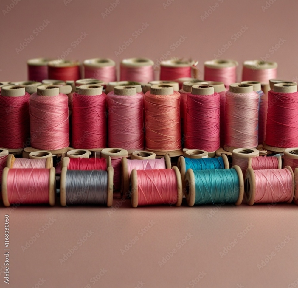 Row of many pink thread spools with needle background aligned with copy space for text close-up flat lay top view Generative Ai.
Row of many pink thread spools with needle background aligned with copy space for text close-up flat lay top view Generative Ai.