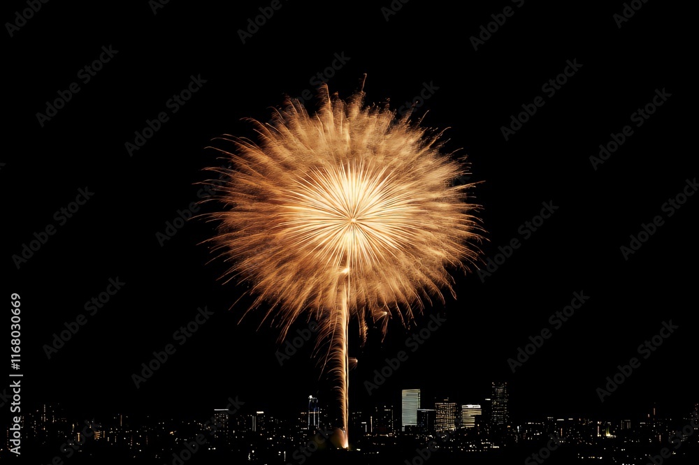 Golden Fireworks Display Over City Skyline At Night Golden Fireworks Display Over City Skyline At Night