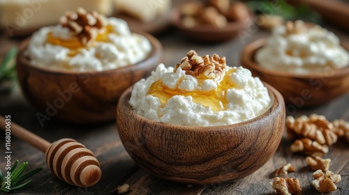 Creamy cottage cheese topped with honey and walnuts in wooden bowls.