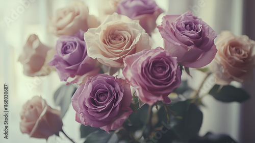 bouquet of purple roses on white