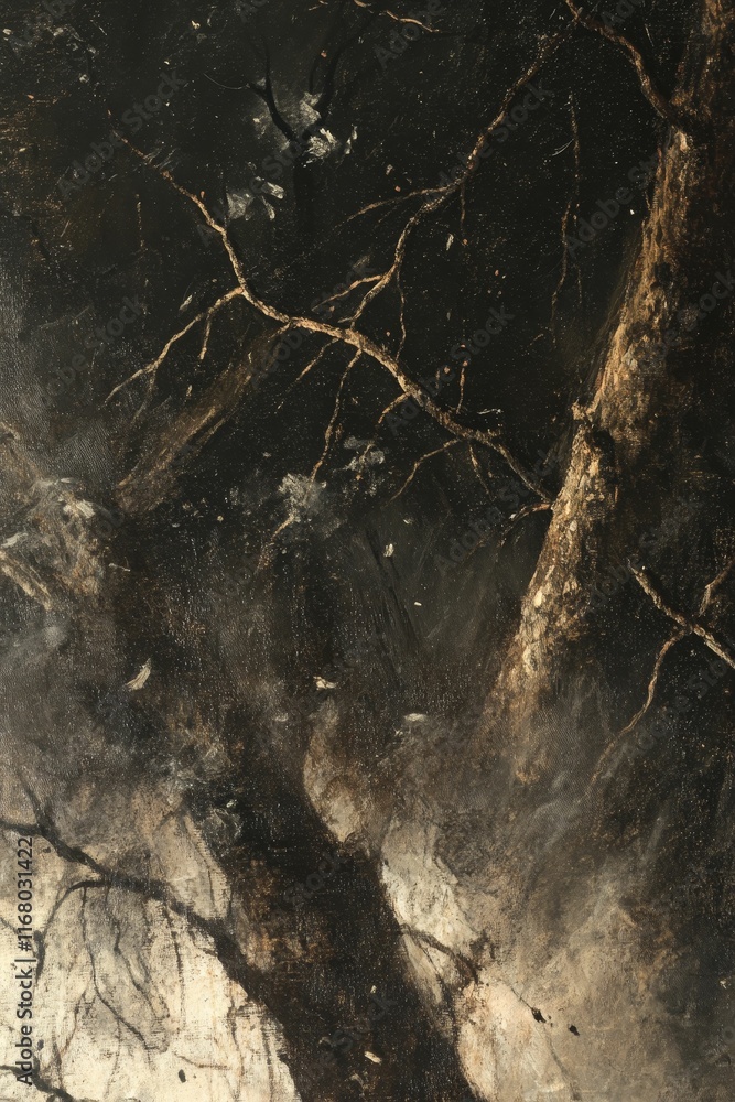 Dark abstract painting, tree branches, textured surface. Dark abstract painting, tree branches, textured surface.