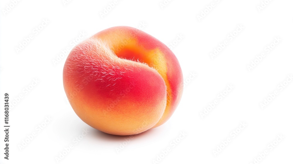 A single peach with a smooth, fuzzy skin on a white background. A single peach with a smooth, fuzzy skin on a white background.