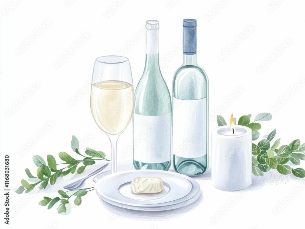 Romantic dinner setting with candles wine bottles and glasses and elegant tableware on a table with green leaves and a flat design style Romantic dinner setting with candles wine bottles and glasses and elegant tableware on a table with green leaves and a flat design style