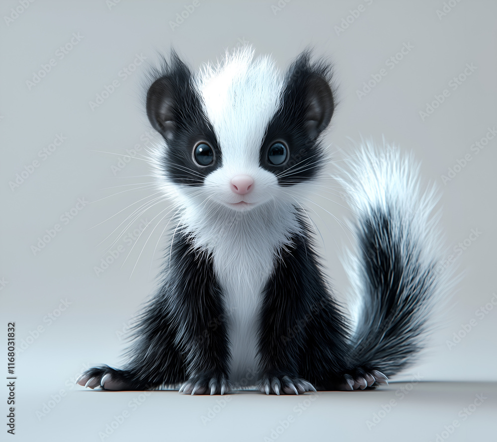 skunk, full body view with long black and white fur, long tail on the ground skunk, full body view with long black and white fur, long tail on the ground