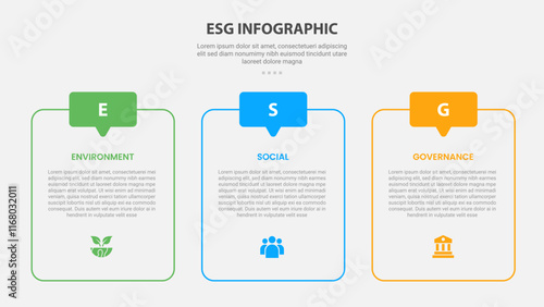 ESG infographic outline style with 3 point template with round table box container and discussion header badge for slide presentation