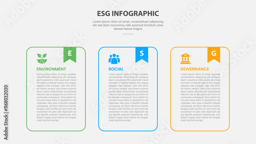 ESG infographic outline style with 3 point template with round container table with bookmark header for slide presentation