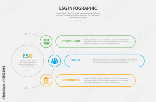 ESG infographic outline style with 3 point template with circle center and half spreading with round rectangle container for slide presentation